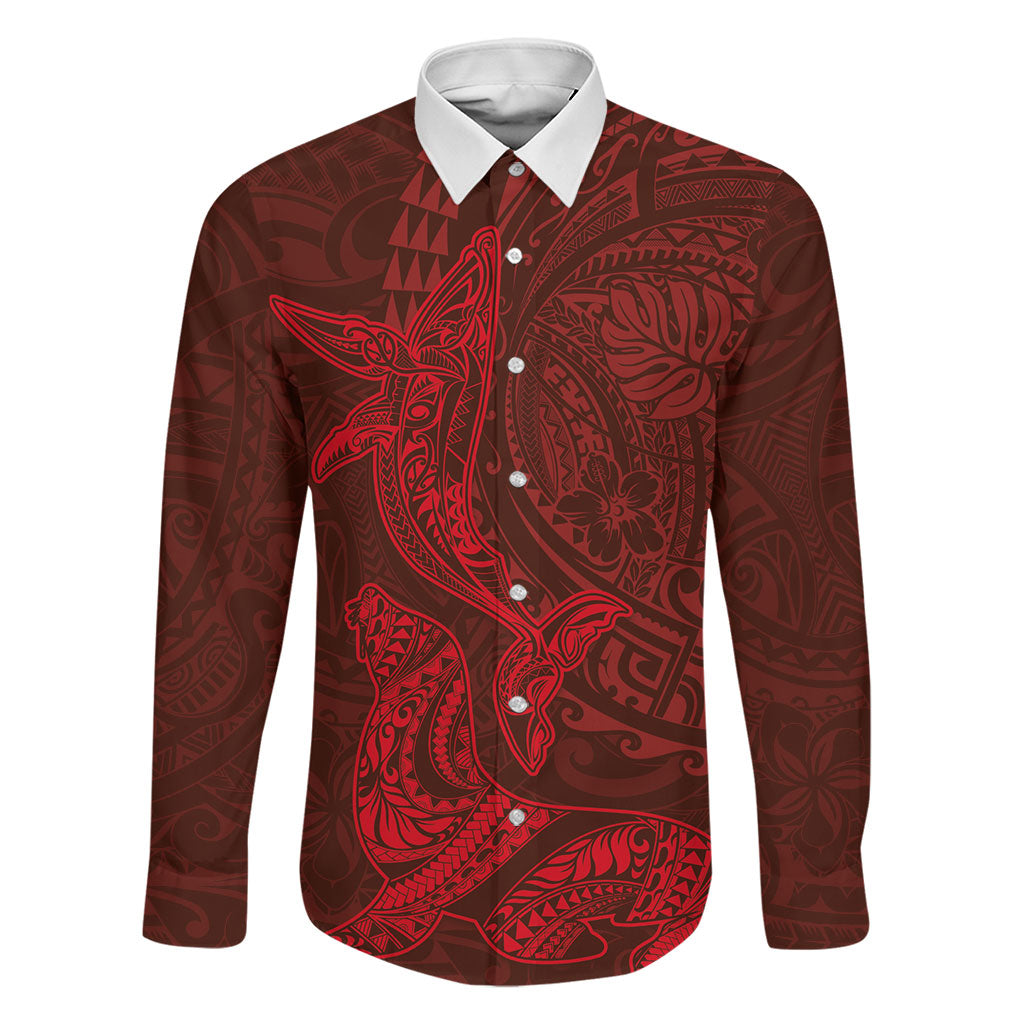 Hawaiian Monk Seal and Whale Family Matching Puletasi and Hawaiian Shirt Kakau Tribal Pattern Red Color LT03 Dad's Shirt - Long Sleeve Red - Polynesian Pride
