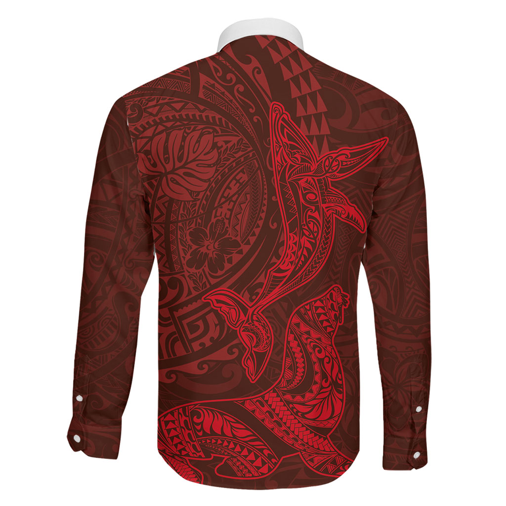 Hawaiian Monk Seal and Whale Family Matching Short Sleeve Bodycon Dress and Hawaiian Shirt Kakau Tribal Pattern Red Color LT03 - Polynesian Pride
