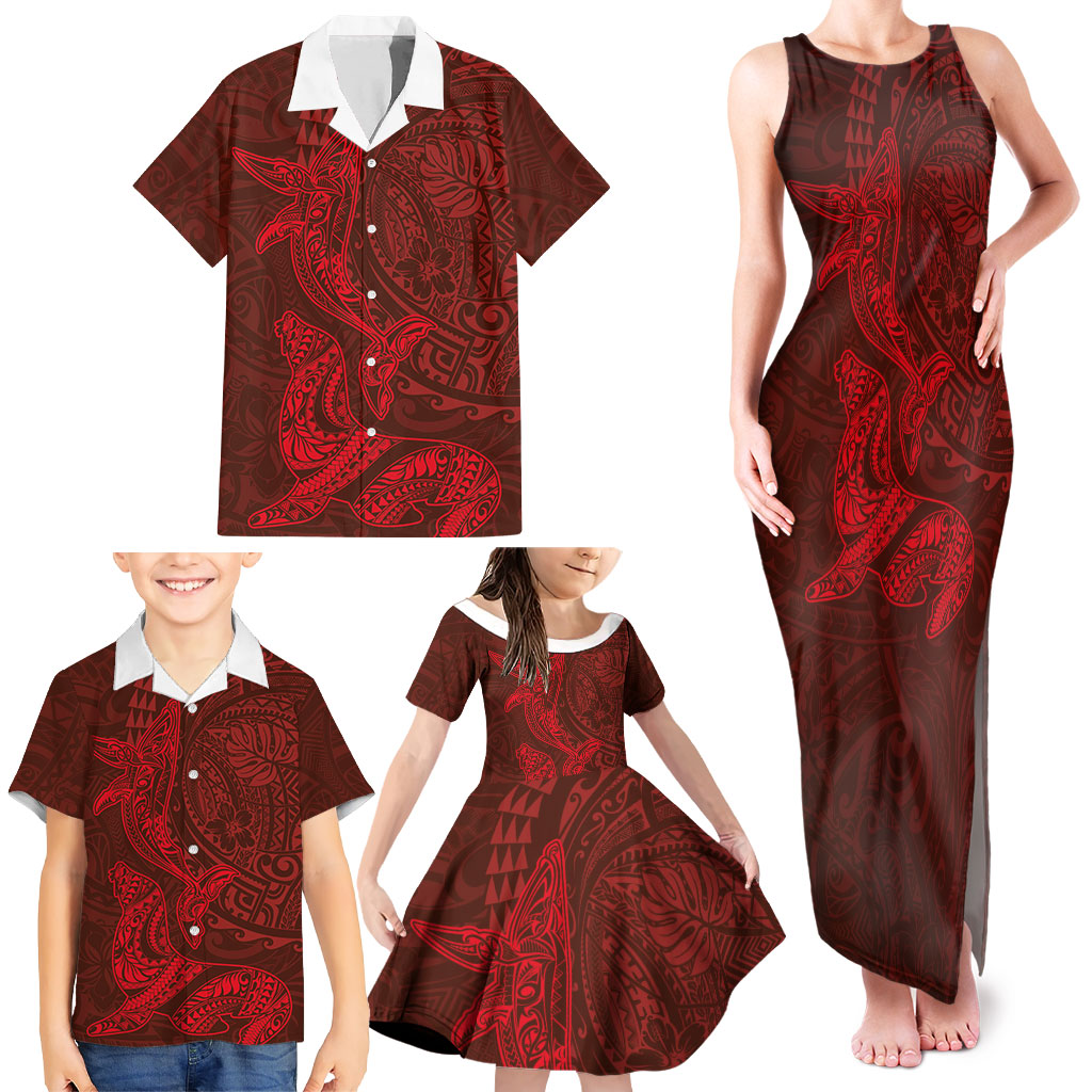 Hawaiian Monk Seal and Whale Family Matching Tank Maxi Dress and Hawaiian Shirt Kakau Tribal Pattern Red Color LT03 - Polynesian Pride