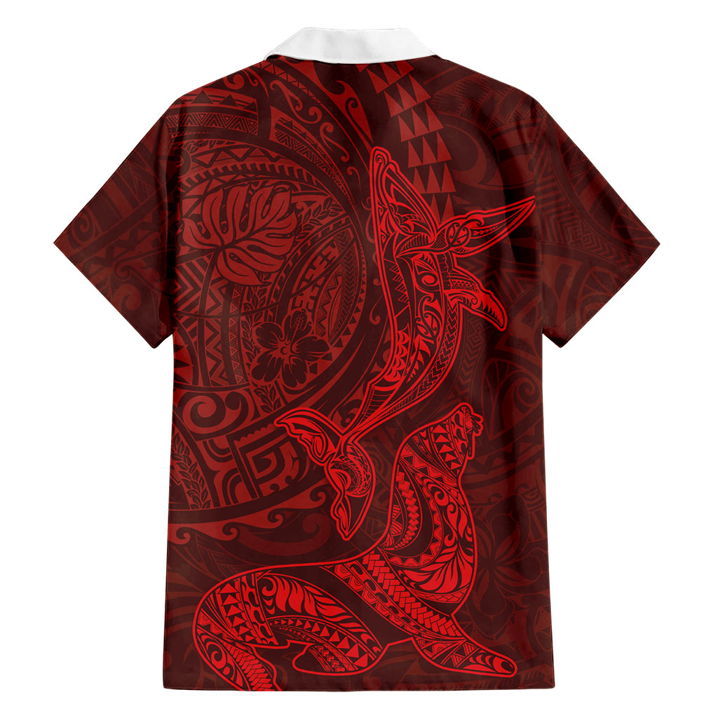 Hawaiian Monk Seal and Whale Family Matching Tank Maxi Dress and Hawaiian Shirt Kakau Tribal Pattern Red Color LT03 - Polynesian Pride