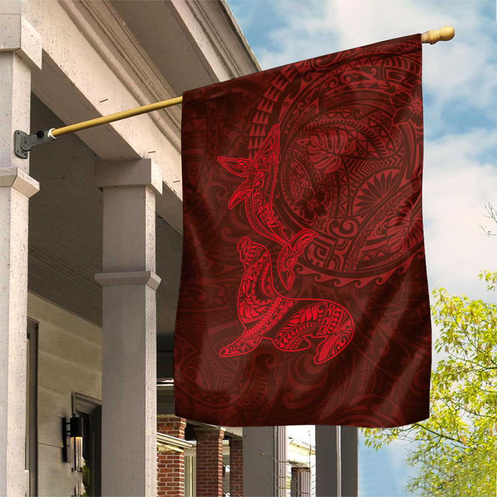Hawaiian Monk Seal and Whale Garden Flag Kakau Tribal Pattern Red Color LT03 House Flag Red - Polynesian Pride
