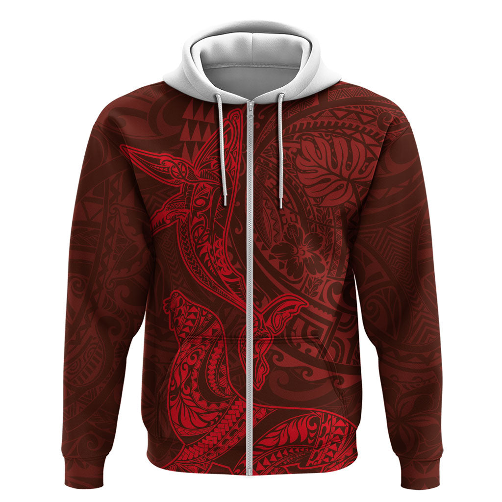 Hawaiian Monk Seal and Whale Hoodie Kakau Tribal Pattern Red Color LT03 Zip Hoodie Red - Polynesian Pride