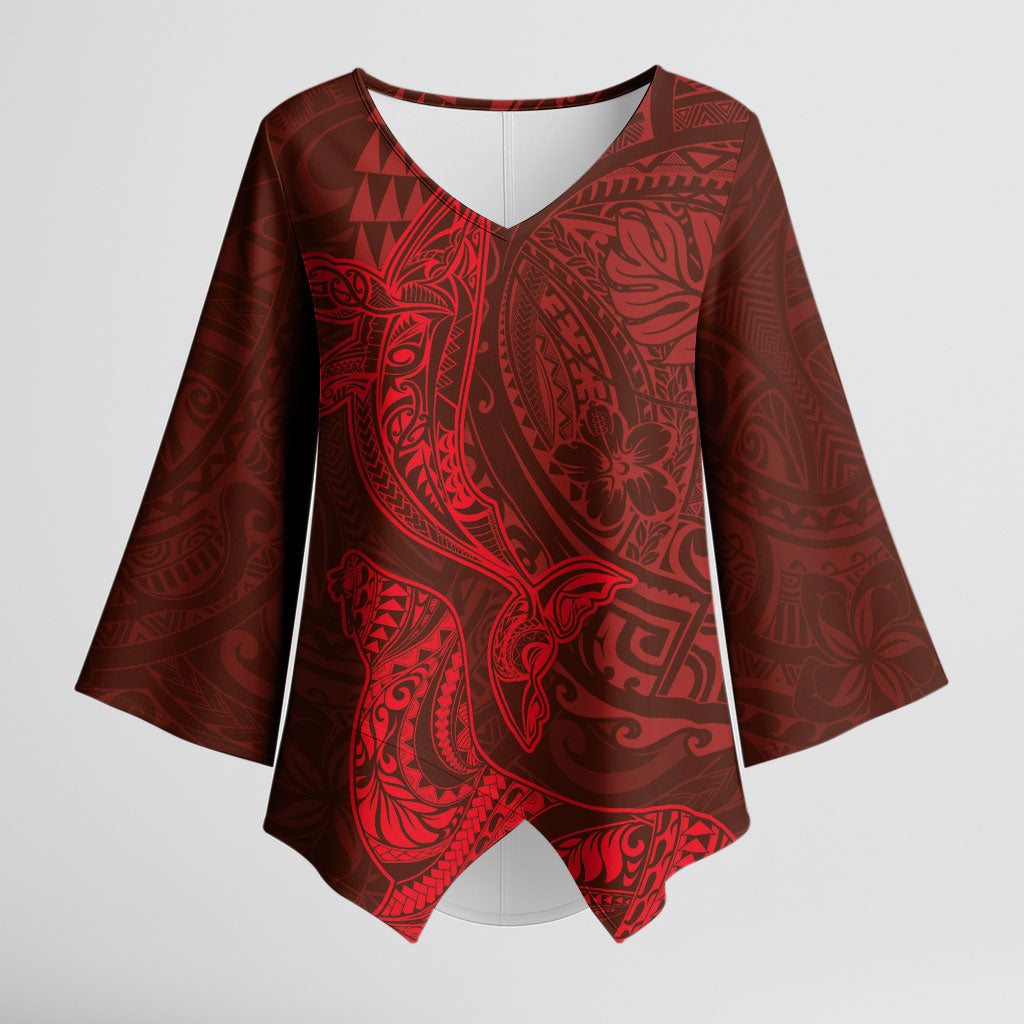 Hawaiian Monk Seal and Whale Kimono Sleeve Blouse Kakau Tribal Pattern Red Color LT03 Female Red - Polynesian Pride