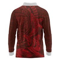 Hawaiian Monk Seal and Whale Long Sleeve Polo Shirt Kakau Tribal Pattern Red Color LT03 - Polynesian Pride