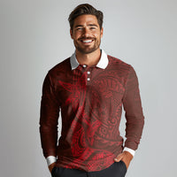 Hawaiian Monk Seal and Whale Long Sleeve Polo Shirt Kakau Tribal Pattern Red Color LT03 - Polynesian Pride