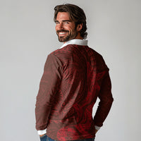 Hawaiian Monk Seal and Whale Long Sleeve Polo Shirt Kakau Tribal Pattern Red Color LT03 - Polynesian Pride