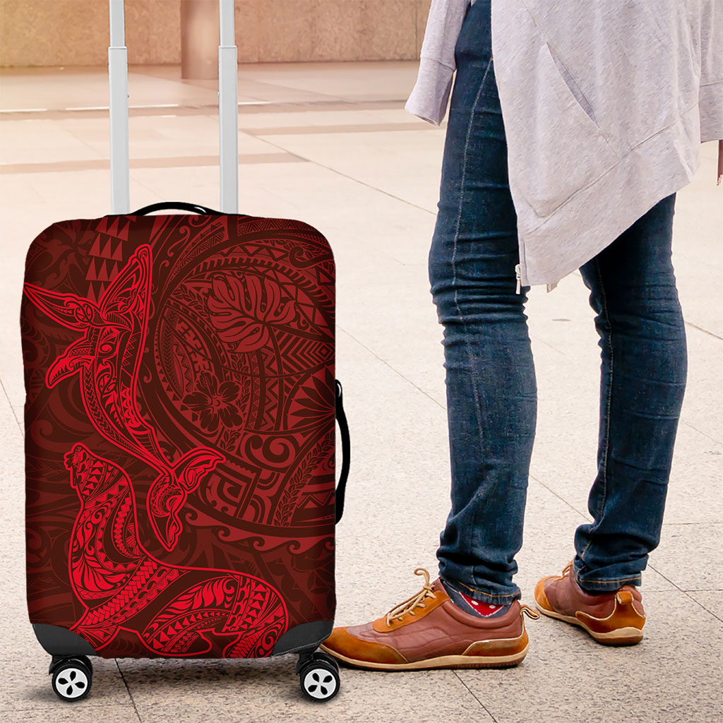 Hawaiian Monk Seal and Whale Luggage Cover Kakau Tribal Pattern Red Color