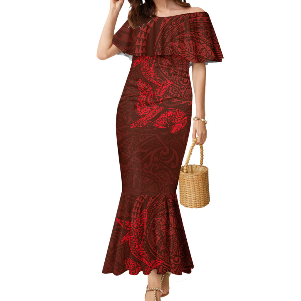 Hawaiian Monk Seal and Whale Mermaid Dress Kakau Tribal Pattern Red Color LT03 Women Red - Polynesian Pride