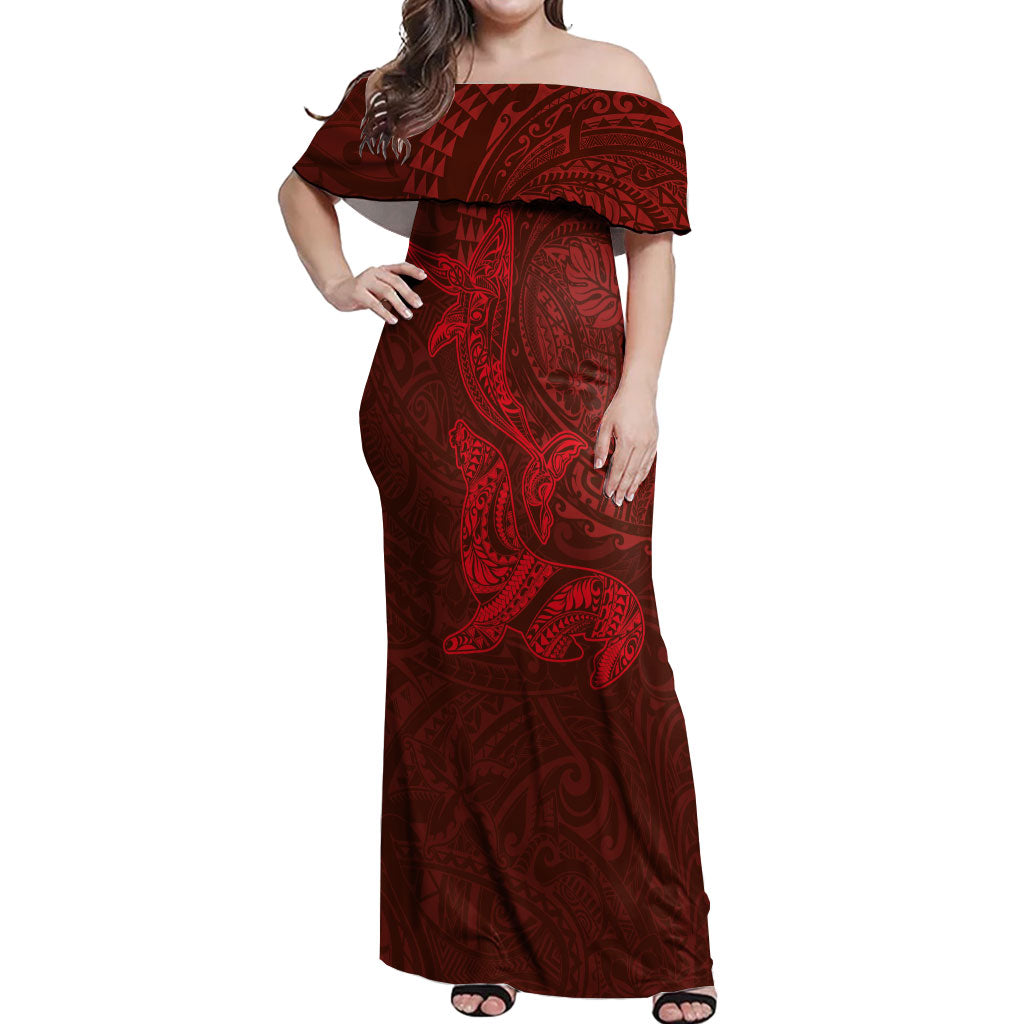 Hawaiian Monk Seal and Whale Off Shoulder Maxi Dress Kakau Tribal Pattern Red Color LT03 Women Red - Polynesian Pride