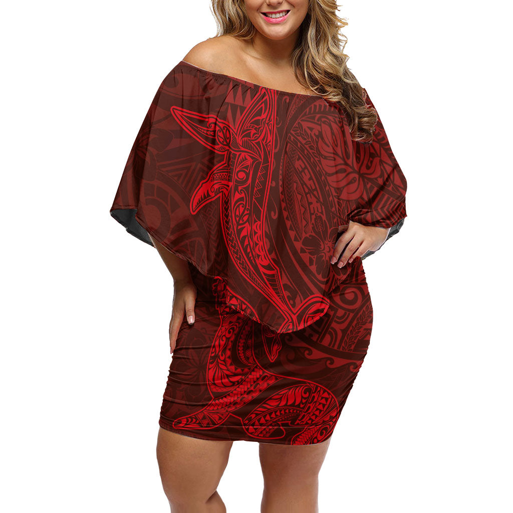 Hawaiian Monk Seal and Whale Off Shoulder Short Dress Kakau Tribal Pattern Red Color LT03 Women Red - Polynesian Pride