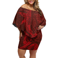 Hawaiian Monk Seal and Whale Off Shoulder Short Dress Kakau Tribal Pattern Red Color LT03 Women Red - Polynesian Pride