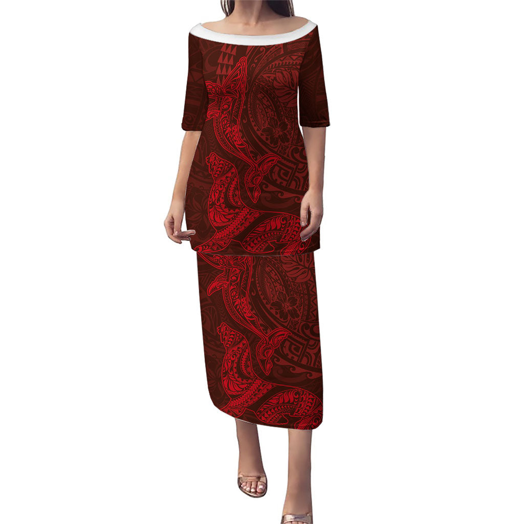 Hawaiian Monk Seal and Whale Puletasi Kakau Tribal Pattern Red Color LT03 Long Dress Red - Polynesian Pride