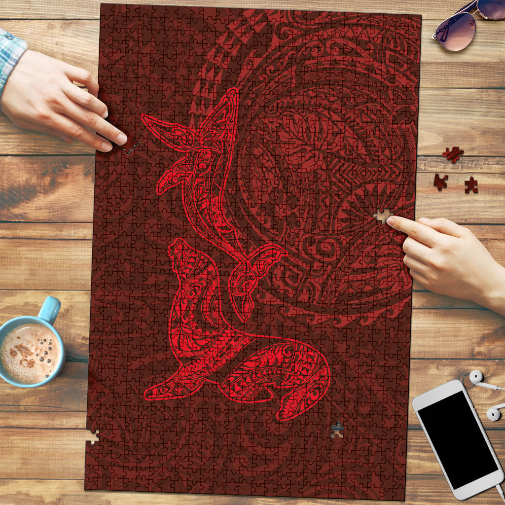 Hawaiian Monk Seal and Whale Puzzle Kakau Tribal Pattern Red Color LT03 Red - Polynesian Pride