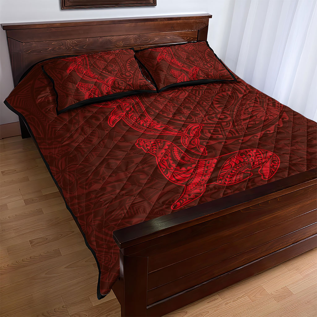 Hawaiian Monk Seal and Whale Quilt Bed Set Kakau Tribal Pattern Red Color LT03 - Polynesian Pride