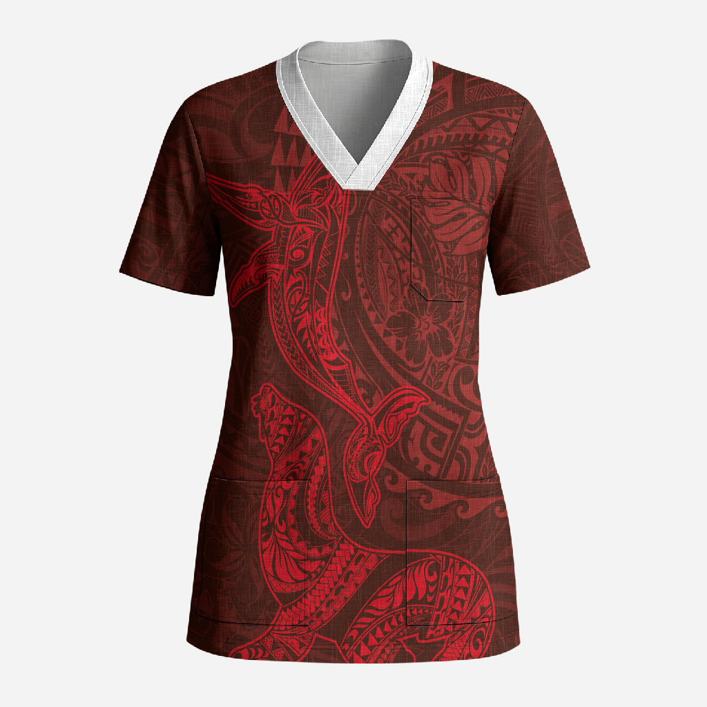 Hawaiian Monk Seal and Whale Scrub Top Kakau Tribal Pattern Red Color LT03 Adult Red - Polynesian Pride