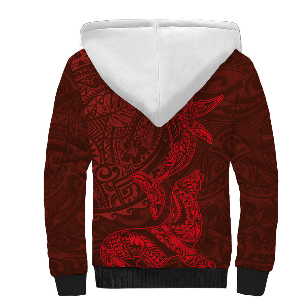 Hawaiian Monk Seal and Whale Sherpa Hoodie Kakau Tribal Pattern Red Color LT03 - Polynesian Pride
