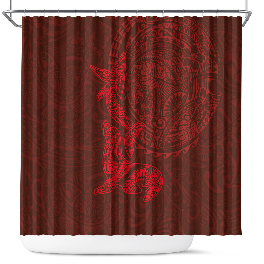 Hawaiian Monk Seal and Whale Shower Curtain Kakau Tribal Pattern Red Color