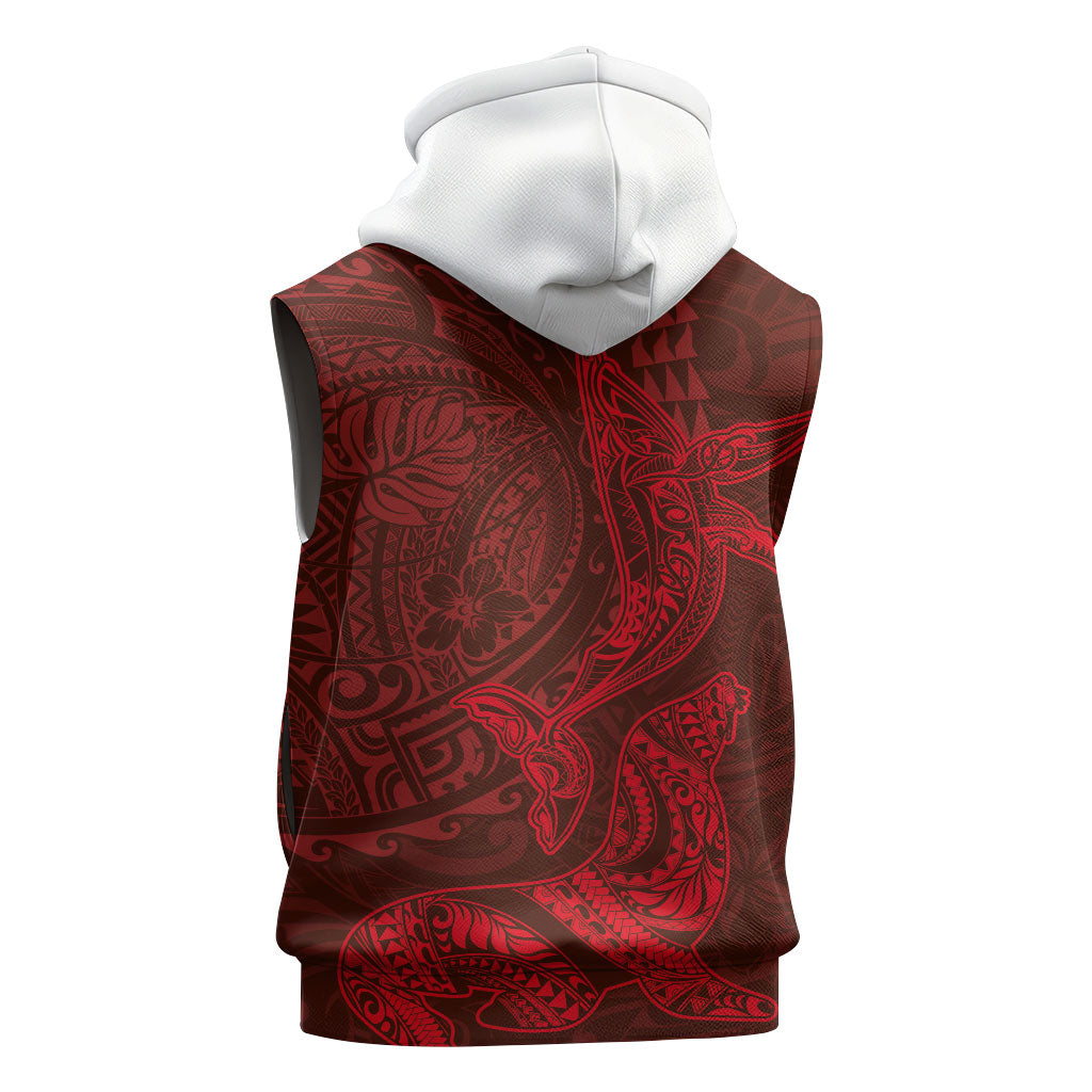 Hawaiian Monk Seal and Whale Sleeveless Hoodie Kakau Tribal Pattern Red Color LT03 - Polynesian Pride