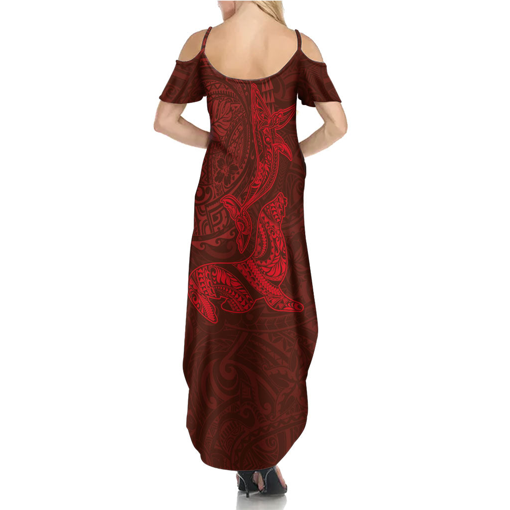 Hawaiian Monk Seal and Whale Summer Maxi Dress Kakau Tribal Pattern Red Color LT03 - Polynesian Pride