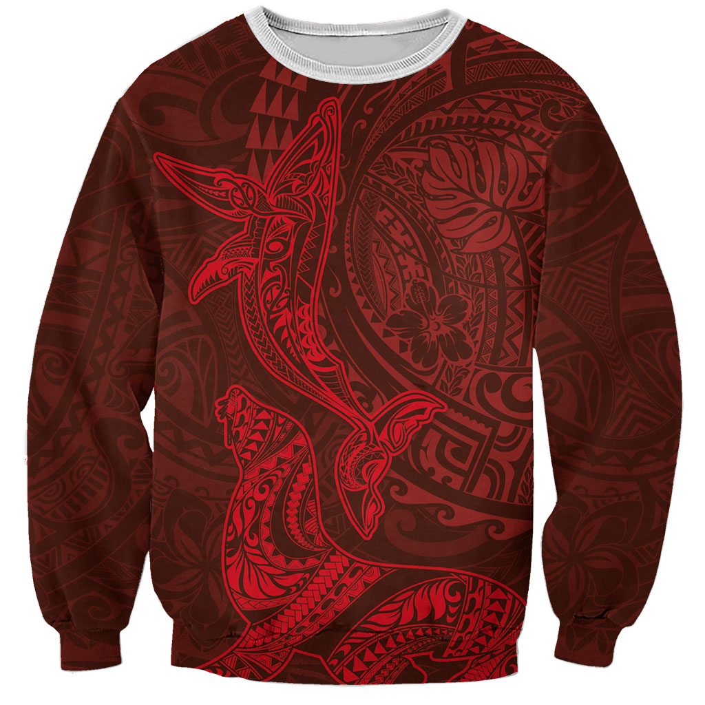 Hawaiian Monk Seal and Whale Sweatshirt Kakau Tribal Pattern Red Color LT03 Unisex Red - Polynesian Pride