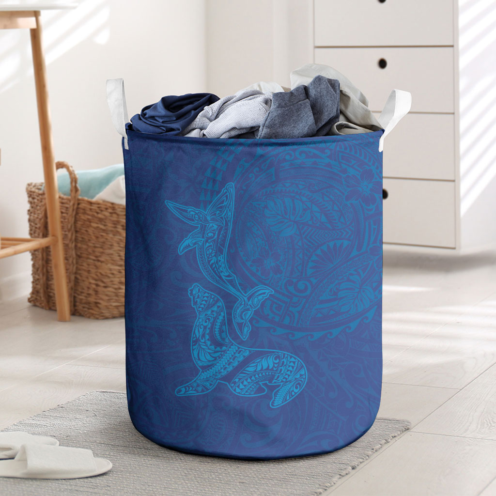 Hawaiian Monk Seal and Whale Laundry Basket Kakau Tribal Pattern Blue Color LT03 Blue - Polynesian Pride