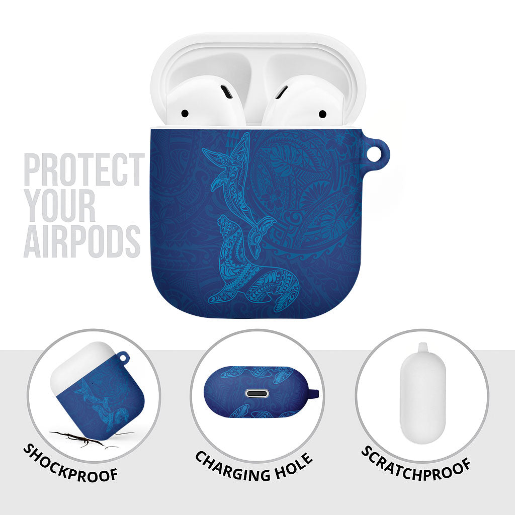 Hawaiian Monk Seal and Whale AirPods Case Kakau Tribal Pattern Blue Color LT03 - Polynesian Pride