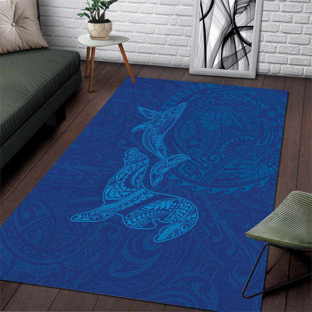 Hawaiian Monk Seal and Whale Area Rug Kakau Tribal Pattern Blue Color
