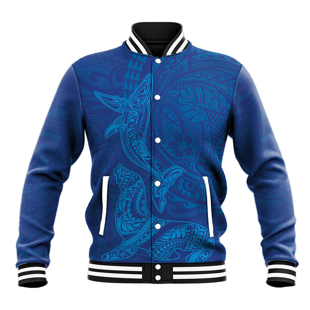 Hawaiian Monk Seal and Whale Baseball Jacket Kakau Tribal Pattern Blue Color LT03 Unisex Blue - Polynesian Pride