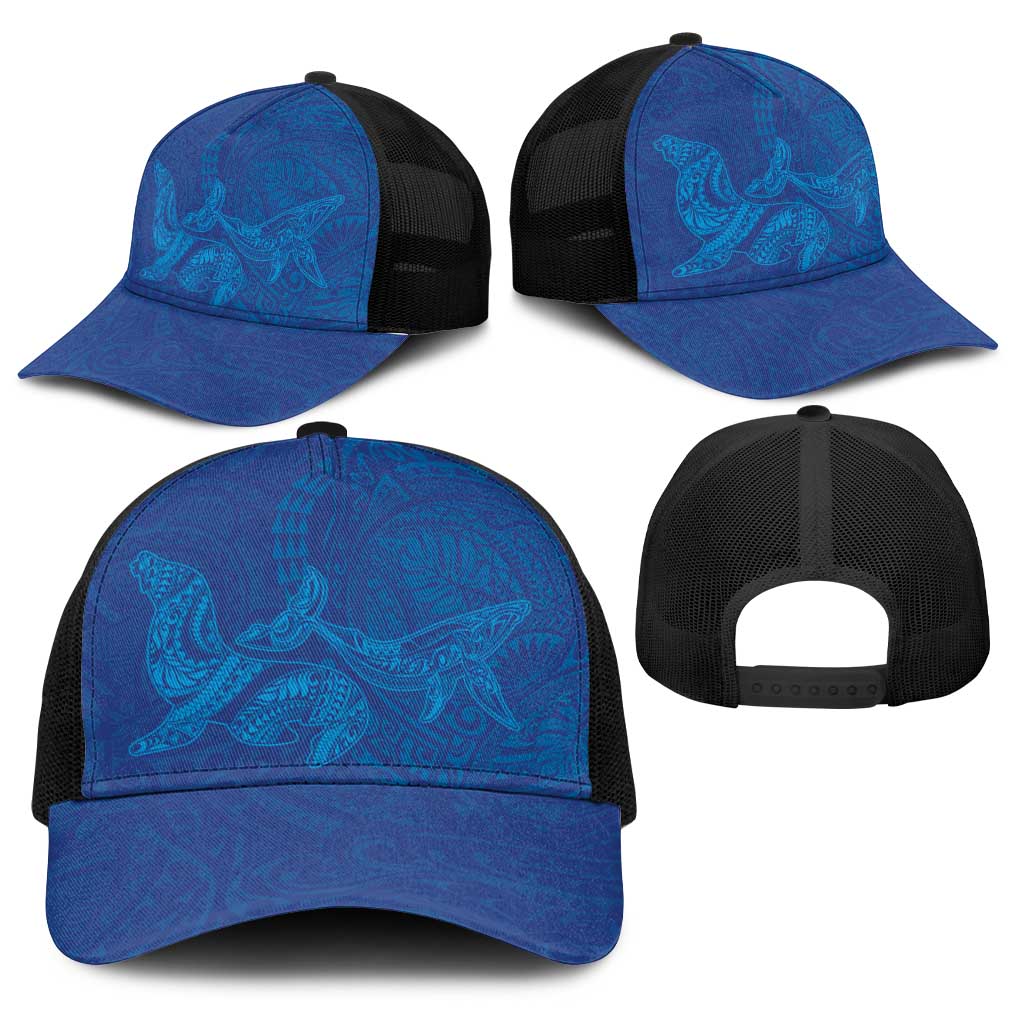 Hawaiian Monk Seal and Whale Baseball Net Cap Kakau Tribal Pattern Blue Color LT03 - Polynesian Pride