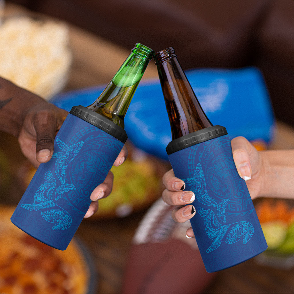 Hawaiian Monk Seal and Whale 4 in 1 Can Cooler Tumbler Kakau Tribal Pattern Blue Color LT03 - Polynesian Pride