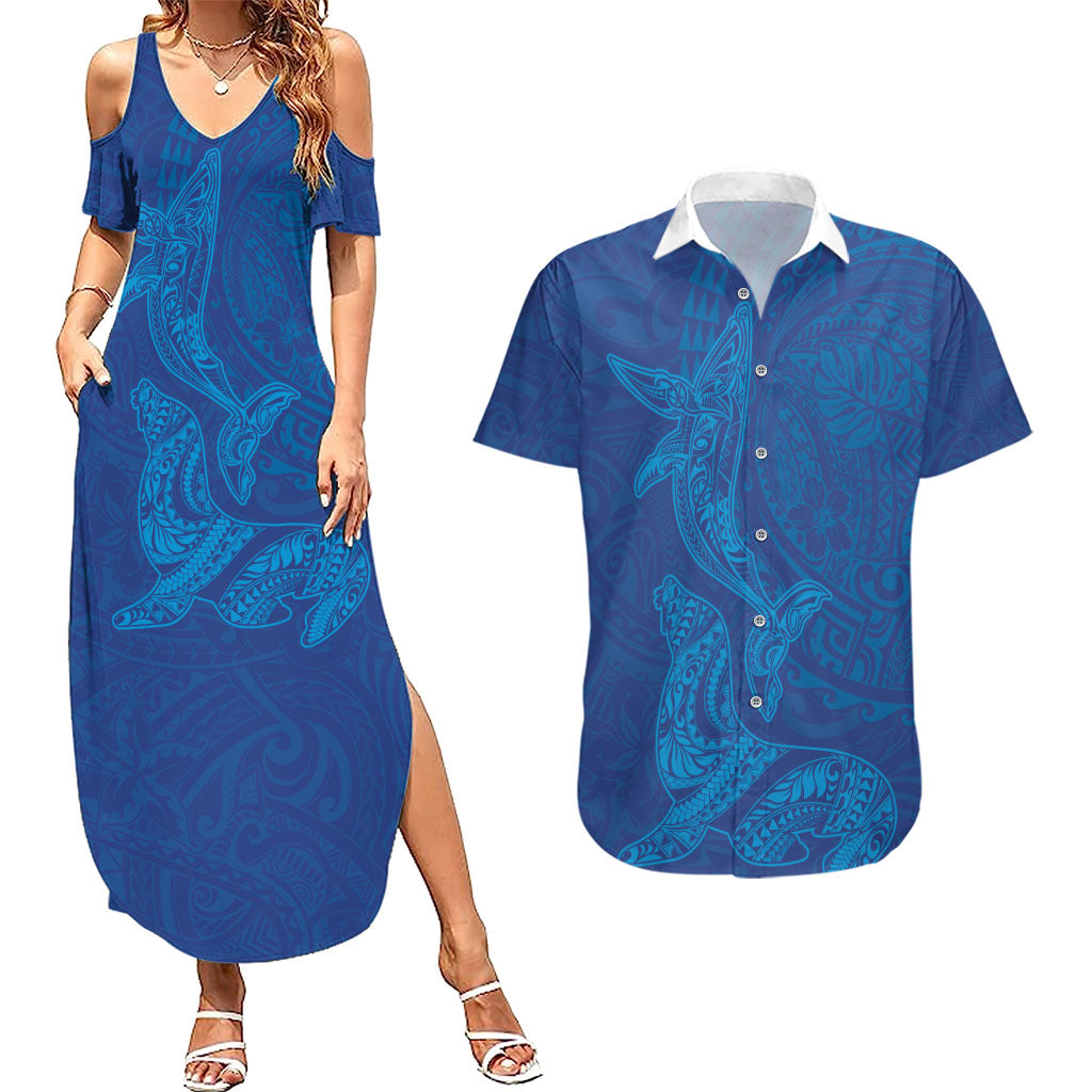 Hawaiian Monk Seal and Whale Couples Matching Summer Maxi Dress and Hawaiian Shirt Kakau Tribal Pattern Blue Color LT03 Blue - Polynesian Pride