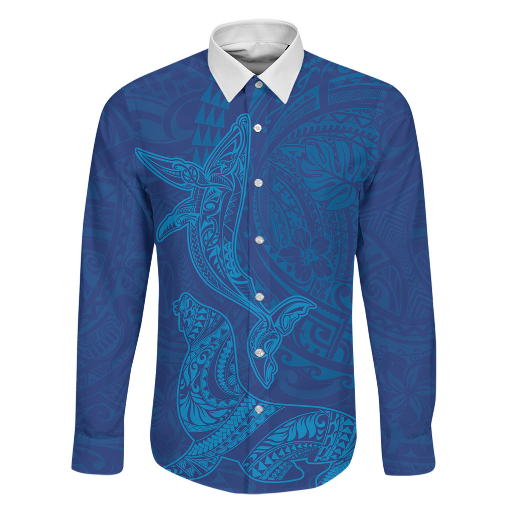 Hawaiian Monk Seal and Whale Family Matching Off The Shoulder Long Sleeve Dress and Hawaiian Shirt Kakau Tribal Pattern Blue Color LT03 Dad's Shirt - Long Sleeve Blue - Polynesian Pride