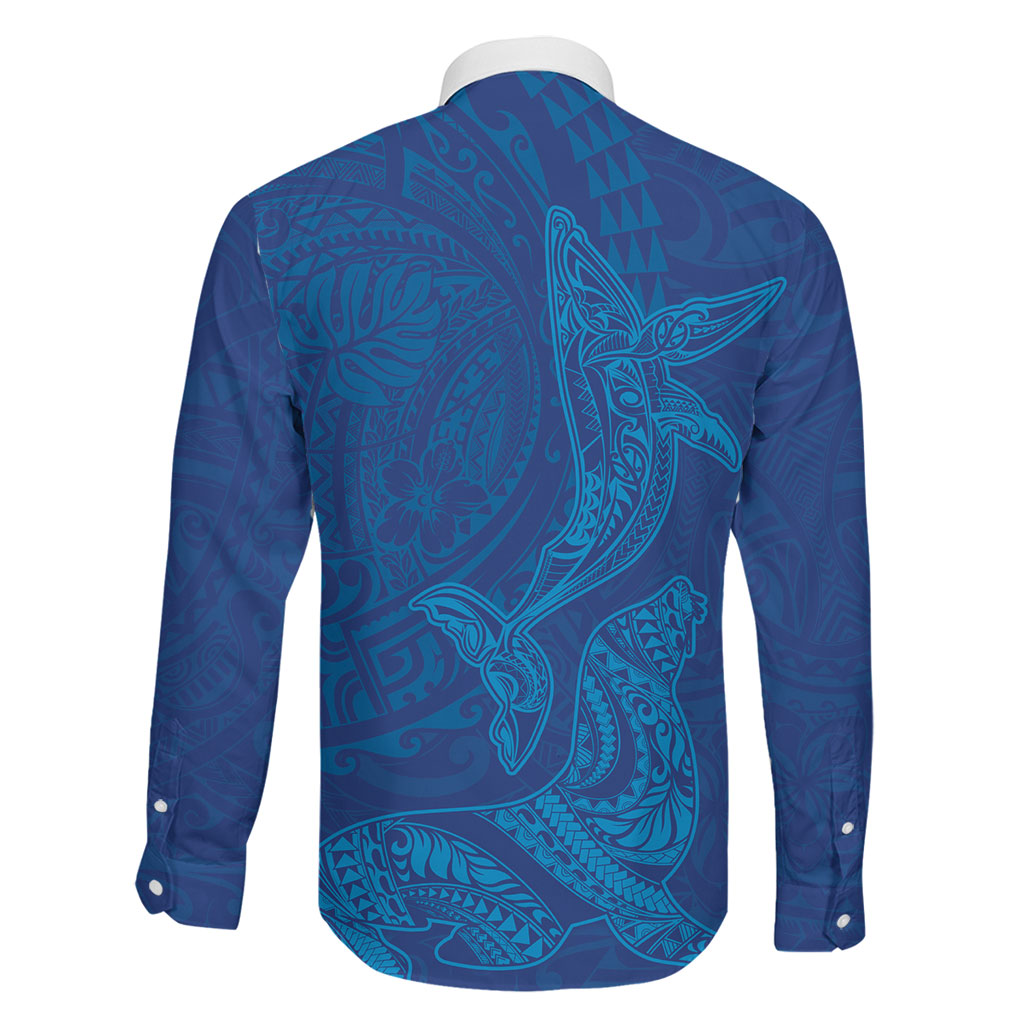 Hawaiian Monk Seal and Whale Family Matching Off The Shoulder Long Sleeve Dress and Hawaiian Shirt Kakau Tribal Pattern Blue Color LT03 - Polynesian Pride
