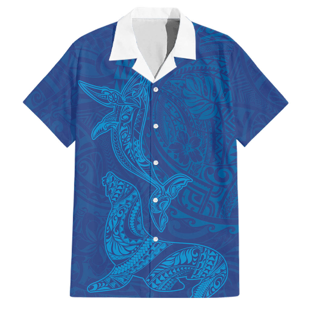 Hawaiian Monk Seal and Whale Family Matching Puletasi and Hawaiian Shirt Kakau Tribal Pattern Blue Color LT03 Dad's Shirt - Short Sleeve Blue - Polynesian Pride