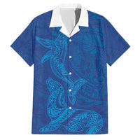 Hawaiian Monk Seal and Whale Family Matching Short Sleeve Bodycon Dress and Hawaiian Shirt Kakau Tribal Pattern Blue Color LT03 Dad's Shirt - Short Sleeve Blue - Polynesian Pride