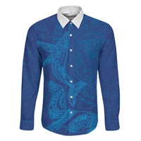 Hawaiian Monk Seal and Whale Family Matching Tank Maxi Dress and Hawaiian Shirt Kakau Tribal Pattern Blue Color LT03 Dad's Shirt - Long Sleeve Blue - Polynesian Pride