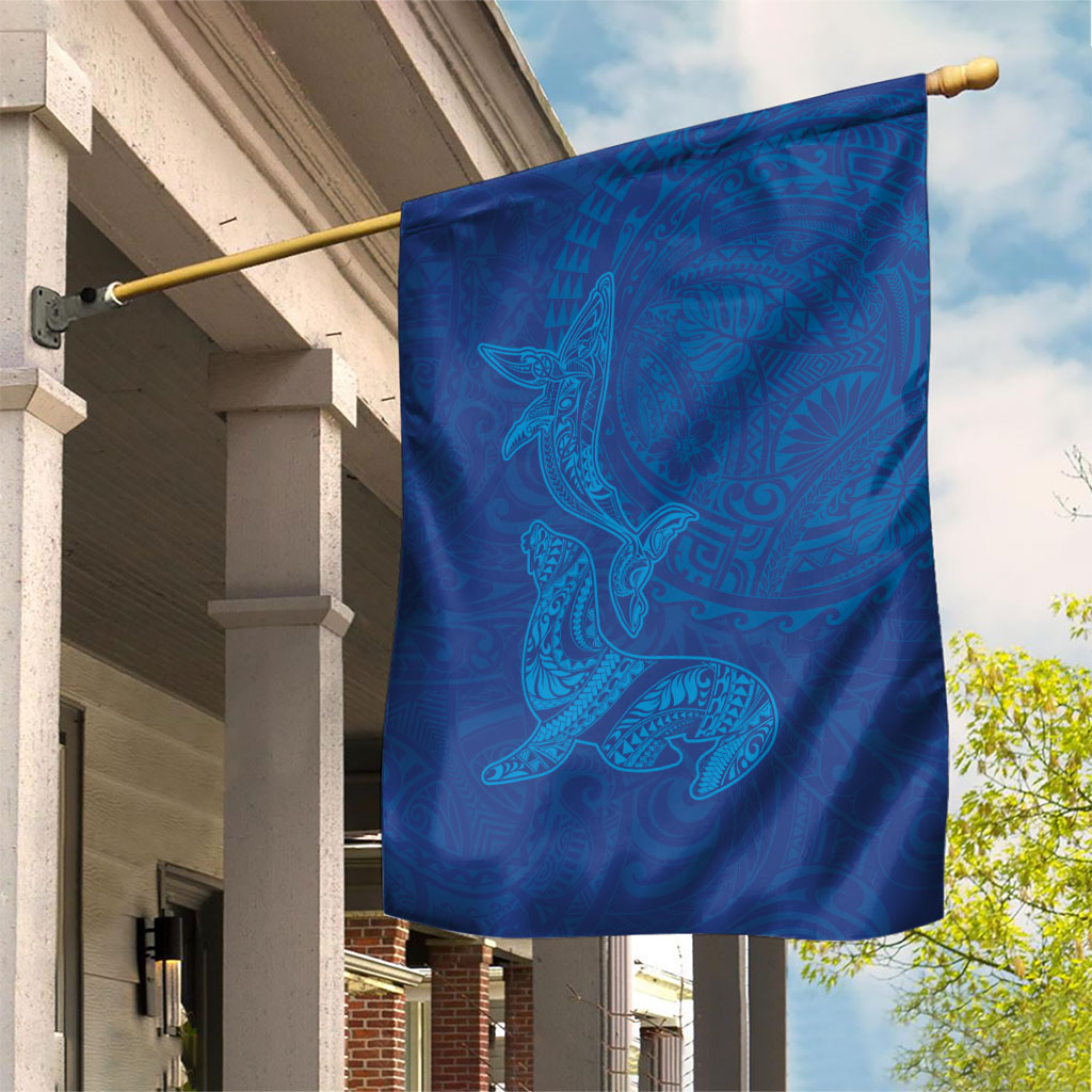 Hawaiian Monk Seal and Whale Garden Flag Kakau Tribal Pattern Blue Color LT03 House Flag Blue - Polynesian Pride