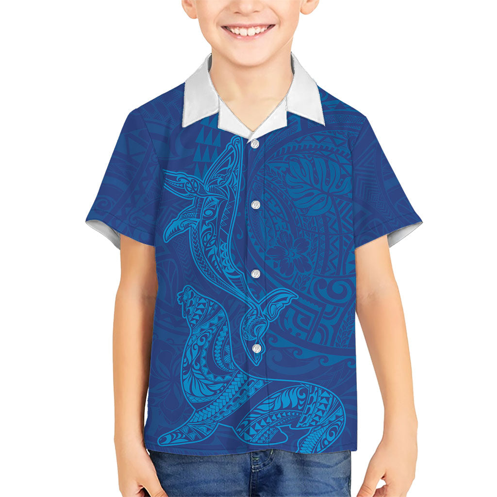 Hawaiian Monk Seal and Whale Kid Hawaiian Shirt Kakau Tribal Pattern Blue Color