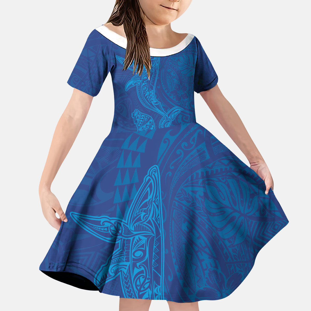 Hawaiian Monk Seal and Whale Kid Short Sleeve Dress Kakau Tribal Pattern Blue Color