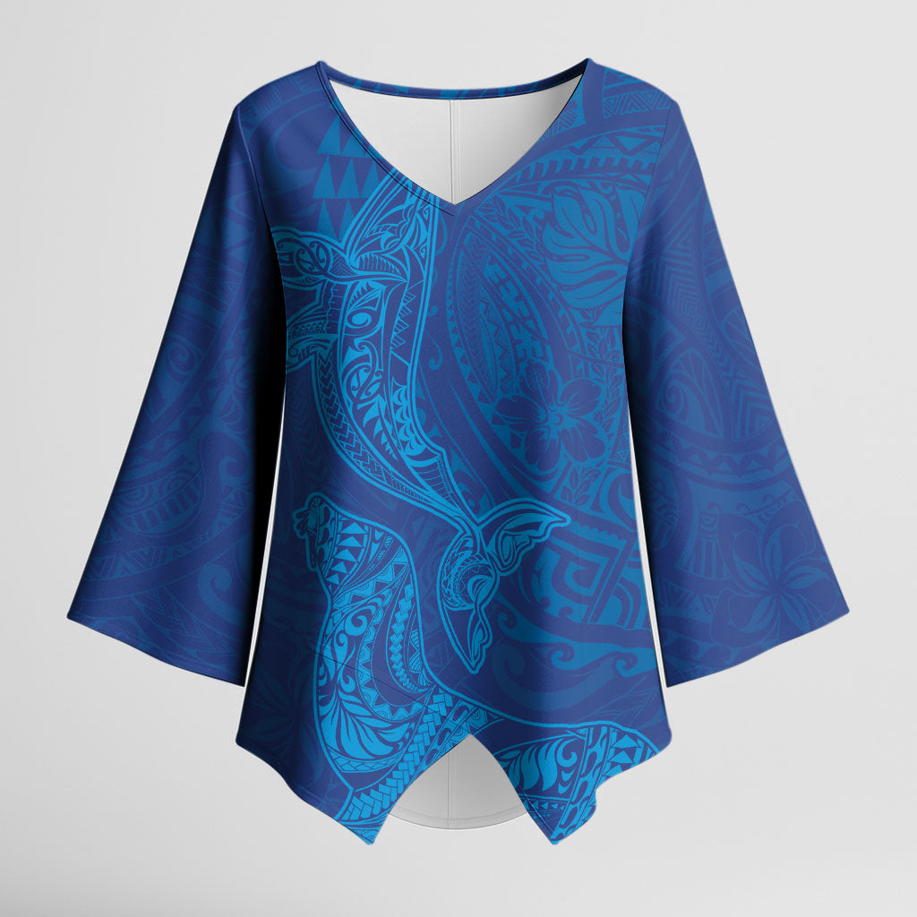 Hawaiian Monk Seal and Whale Kimono Sleeve Blouse Kakau Tribal Pattern Blue Color LT03 Female Blue - Polynesian Pride