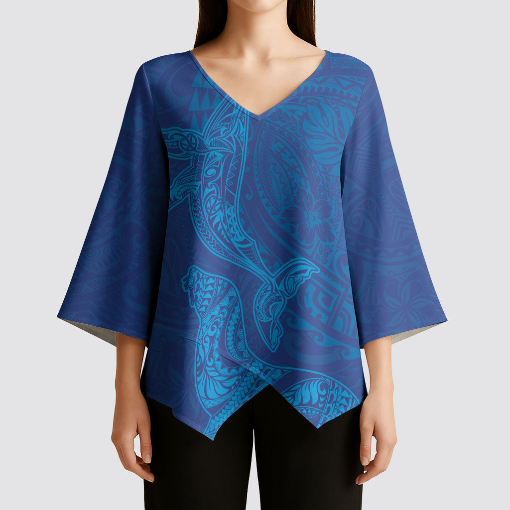 Hawaiian Monk Seal and Whale Kimono Sleeve Blouse Kakau Tribal Pattern Blue Color LT03 - Polynesian Pride