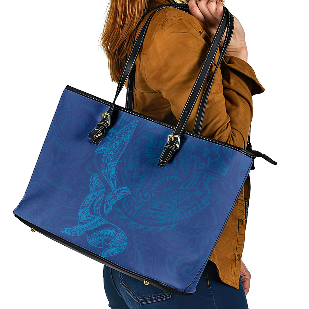 Hawaiian Monk Seal and Whale Leather Tote Bag Kakau Tribal Pattern Blue Color LT03 - Polynesian Pride