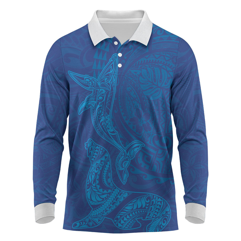 Hawaiian Monk Seal and Whale Long Sleeve Polo Shirt Kakau Tribal Pattern Blue Color LT03 Blue - Polynesian Pride