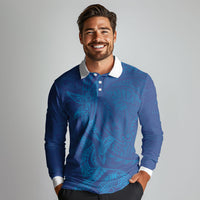 Hawaiian Monk Seal and Whale Long Sleeve Polo Shirt Kakau Tribal Pattern Blue Color LT03 - Polynesian Pride
