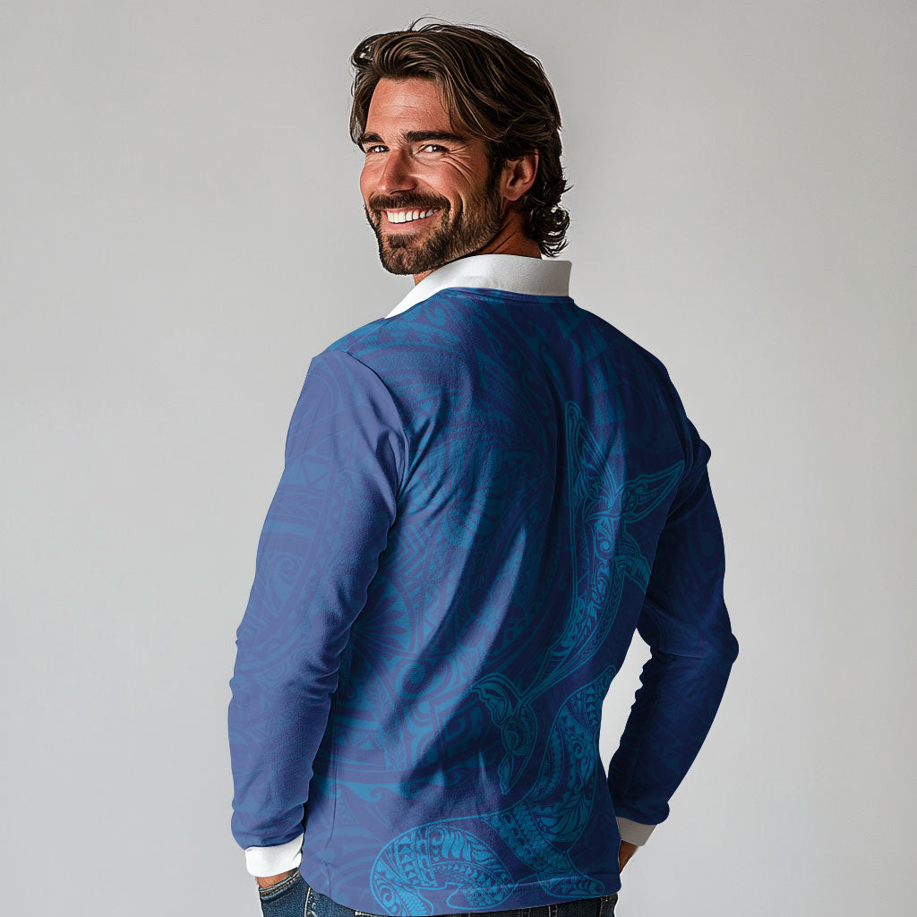 Hawaiian Monk Seal and Whale Long Sleeve Polo Shirt Kakau Tribal Pattern Blue Color LT03 - Polynesian Pride
