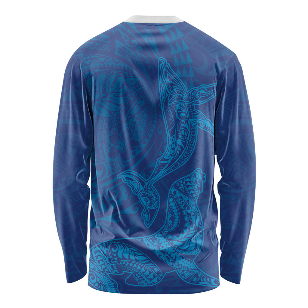 Hawaiian Monk Seal and Whale Long Sleeve Shirt Kakau Tribal Pattern Blue Color LT03 - Polynesian Pride