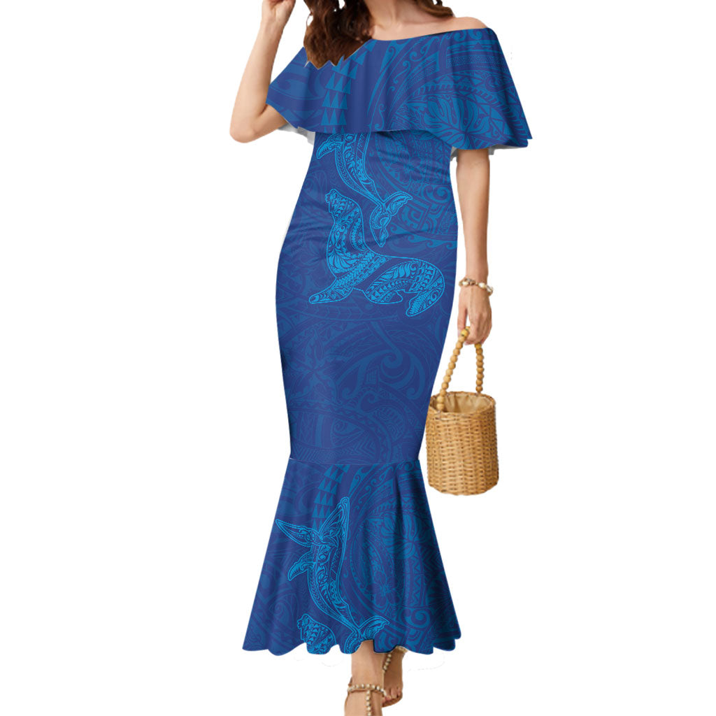 Hawaiian Monk Seal and Whale Mermaid Dress Kakau Tribal Pattern Blue Color LT03 Women Blue - Polynesian Pride
