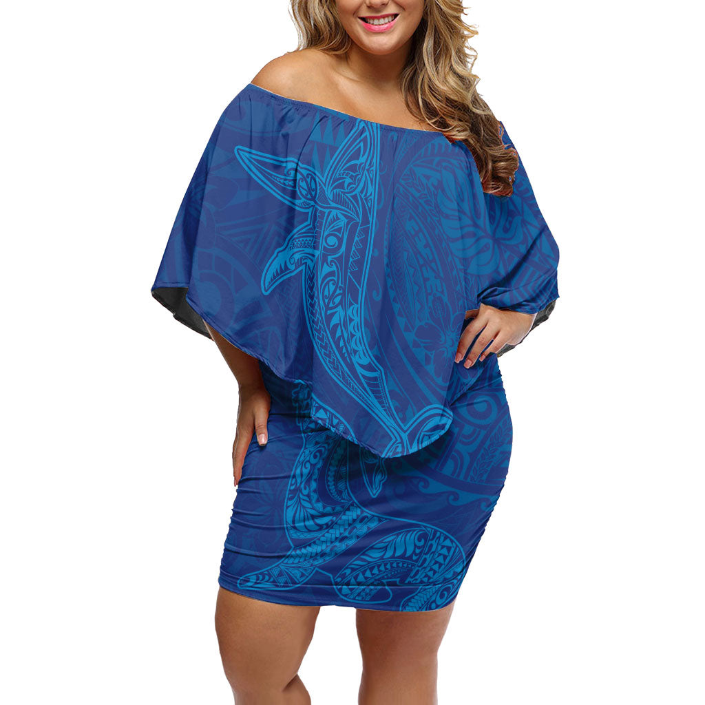 Hawaiian Monk Seal and Whale Off Shoulder Short Dress Kakau Tribal Pattern Blue Color