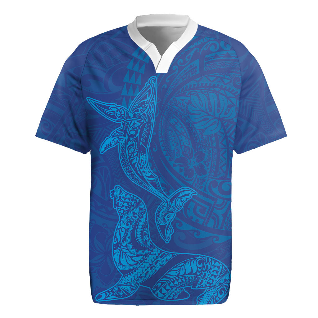 Hawaiian Monk Seal and Whale Rugby Jersey Kakau Tribal Pattern Blue Color LT03 Blue - Polynesian Pride