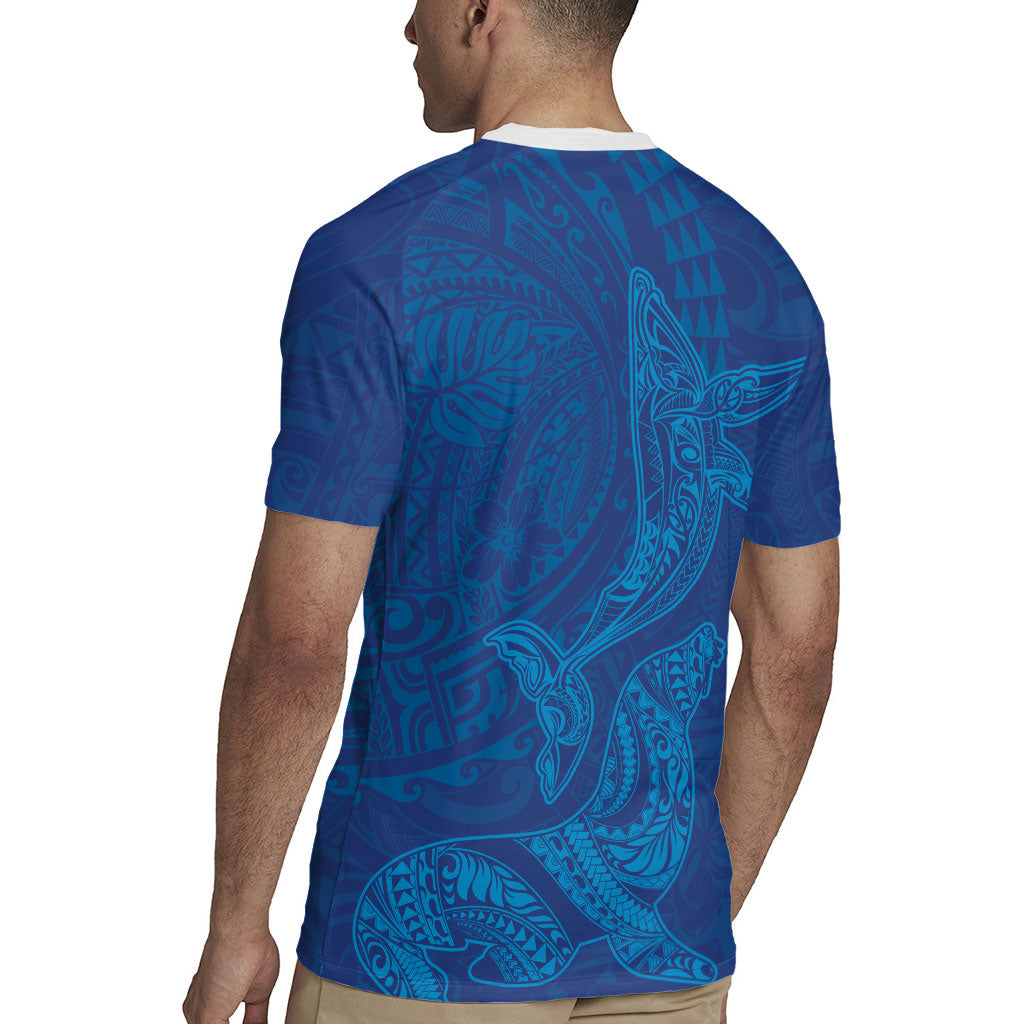 Hawaiian Monk Seal and Whale Rugby Jersey Kakau Tribal Pattern Blue Color LT03 - Polynesian Pride